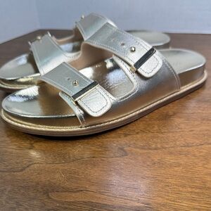 NWOT Cole Haan Womens Marisol Footbed Gold 2-Strap Buckle Slides Sandals, sz 6